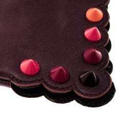 Pre Owned Fendi Burgundy Leather Studded Gloves Size M
