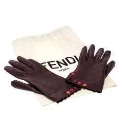 Pre Owned Fendi Burgundy Leather Studded Gloves Size M