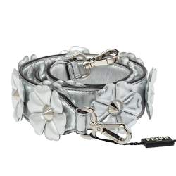 Pre Owned Fendi Metallic Silver Flowerland Leather Strap You Shoulder Bag Strap