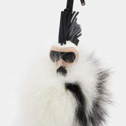 مملوكة مسبقًا Fendi White/Black Fur and Leather Karlito Silver Tone Bag Charm