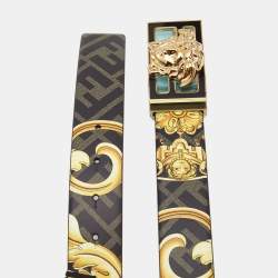 Fendi x Versace Black/Gold Baroque Print Leather Fendace Reversible Belt 