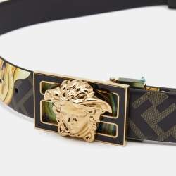 Fendi x Versace Black/Gold Baroque Print Leather Fendace Reversible Belt 