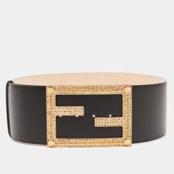 Fendi Black Leather Fendace Crystals Embellished Wide Belt 85CM