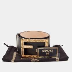 Fendi Black Leather Fendace Crystals Embellished Wide Belt 85CM