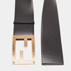 Fendi Black Leather Fendace Crystals Embellished Wide Belt 85CM