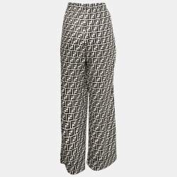 Fendi Black & White Monogram Print Silk Crepe De Chine Wide Leg Pants L