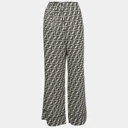 Fendi Black & White Monogram Print Silk Crepe De Chine Wide Leg Pants L