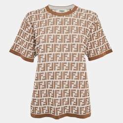 Fendi Brown and White Zucca Logo Print Rib Knit T-Shirt M