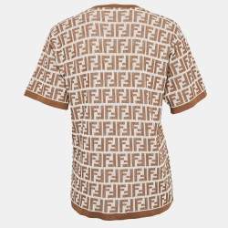 Fendi Brown and White Zucca Logo Print Rib Knit T-Shirt M