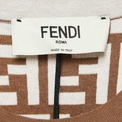 Fendi Brown and White Zucca Logo Print Rib Knit T-Shirt M