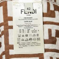 Fendi Brown and White Zucca Logo Print Rib Knit T-Shirt M