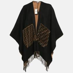 Fendi Brown Cashmere and Virgin Wool Fringed Poncho ONE SIZE