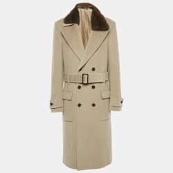 Fendi Beige Real Fur Trim Wool Double Breasted Coat XL