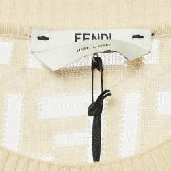 Pre Owned فستان فندي كريمي قشدي قماش الجاكار المزين بأكمام طويلة قصير مقاس صغير (سمول)