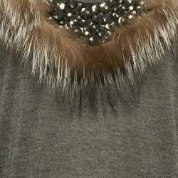 Fendi Grey Fur Trim Cashmere and Wool Knit Top and Pants Set S 