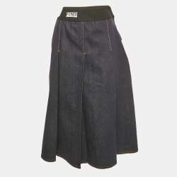 Pre Owned Fendi Navy Blue Denim Pleated Midi Skirt S
