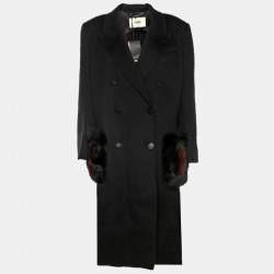 مملوكة مسبقًا Fendi Black Wool and Fox Fur Trim Double Breasted Midi Coat L