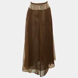 Pre Owned Fendi Brown Check Print Silk Mesh Trim Sheer Maxi Skirt M