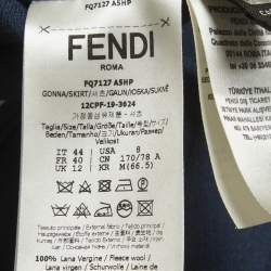 Pre Owned Fendi Navy Blue Wool & Brown Zucca Monogram Plisse Silk Midi Skirt M