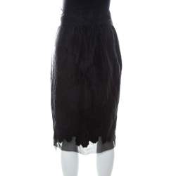 Pre Owned Fendi Black Silk & Wool Applique Knee Length Sheath Skirt L