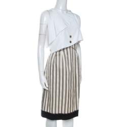 Pre Owned Fendi Cream Striped Silk Blend Cape Detail Dress M