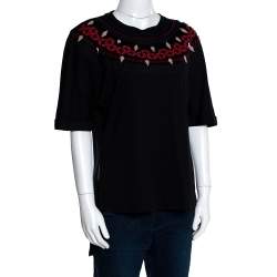 Pre Owned Fendi Black Cotton Embellished Neckline Short Sleeve Top M