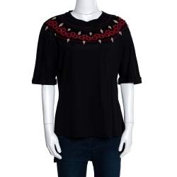 Pre Owned Fendi Black Cotton Embellished Neckline Short Sleeve Top M