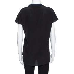 Pre Owned Fendi Black Silk Ribbed Logo Neck Trim Detail Top M