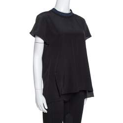 Pre Owned Fendi Black Silk Ribbed Logo Neck Trim Detail Top M