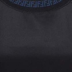 Pre Owned Fendi Black Silk Ribbed Logo Neck Trim Detail Top M
