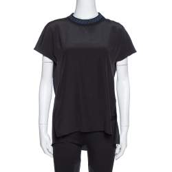 Pre Owned Fendi Black Silk Ribbed Logo Neck Trim Detail Top M
