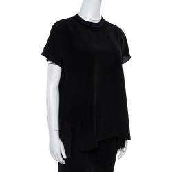 Pre Owned Fendi Black Silk Ribbed Logo Neck Trim Detail Top M