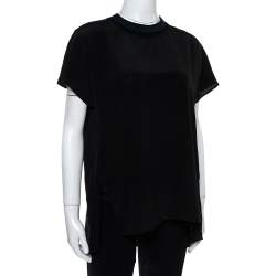 Pre Owned Fendi Black Silk Ribbed Logo Neck Trim Detail Top M