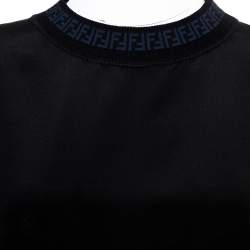 Pre Owned Fendi Black Silk Ribbed Logo Neck Trim Detail Top M