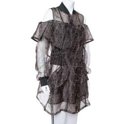 Pre Owned Fendi Black & Brown Organza Zucca Monogram Sheer Cold Shoulder Jacket M