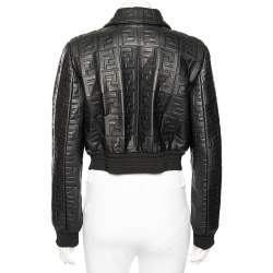 Pre Owned Fendi Black Logo Embossed Leather Cropped Jacket M
