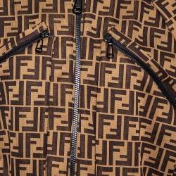 Pre Owned Fendi Brown Zucca Monogram Jacquard Ruched Cropped Bomber Jacket S 