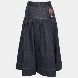 مملوكة مسبقًا Fendi Blue Denim Palm Logo Embroidered A-Line Midi Skirt S