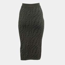 Pre Owned Fendi Green Zucca Monogram Intarsia Knit Pencil Skirt XS