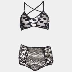 Fendi Black Embroidered Tulle Lingerie Set L