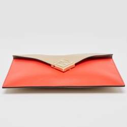 Fendi Beige/Red Leather FF Diamond Flat Pouch 