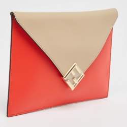 Fendi Beige/Red Leather FF Diamond Flat Pouch 