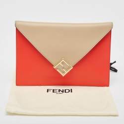 Fendi Beige/Red Leather FF Diamond Flat Pouch 