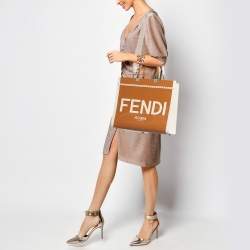 Pre Owned Fendi Brown/Beige Canvas and Patent Leather Medium Sunshine Shopper Tote