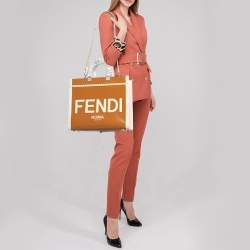 Pre Owned Fendi Brown/Beige Canvas and Patent Leather Medium Sunshine Shopper Tote