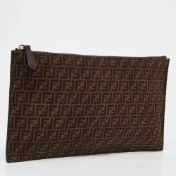 Pre Owned Fendi Tobacco Zucca Suede Flat Zip Pouch