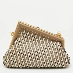 Pre Owned Fendi Beige/White Woven Leather Small First Shoulder Bag