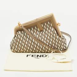 Pre Owned Fendi Beige/White Woven Leather Small First Shoulder Bag