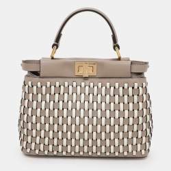 مملوكة مسبقًا Fendi Grey/White Woven Leather Mini Peekaboo Top Handle Bag
