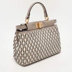مملوكة مسبقًا Fendi Grey/White Woven Leather Mini Peekaboo Top Handle Bag
